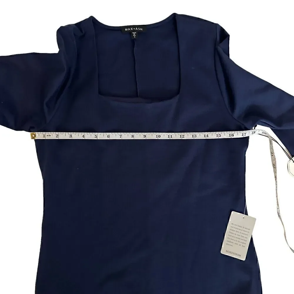 Max + Ash‎ Navy Blue Square Neck 3/4 Sleeve Polyester Bodycon Midi Dress Size M
